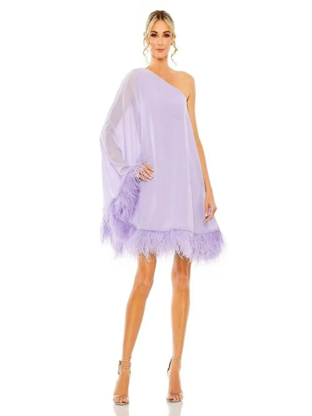 Mac Duggal Women’s Lilac One Shoulder Feather Trim Hem Dress Size 6